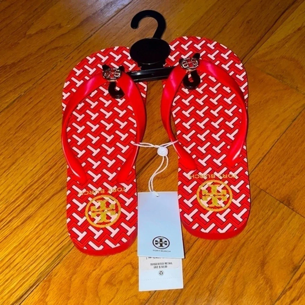 Tory Burch Classic T Zig Zag Chevron Preppy Herringbone Thong Flip Flop Sandals